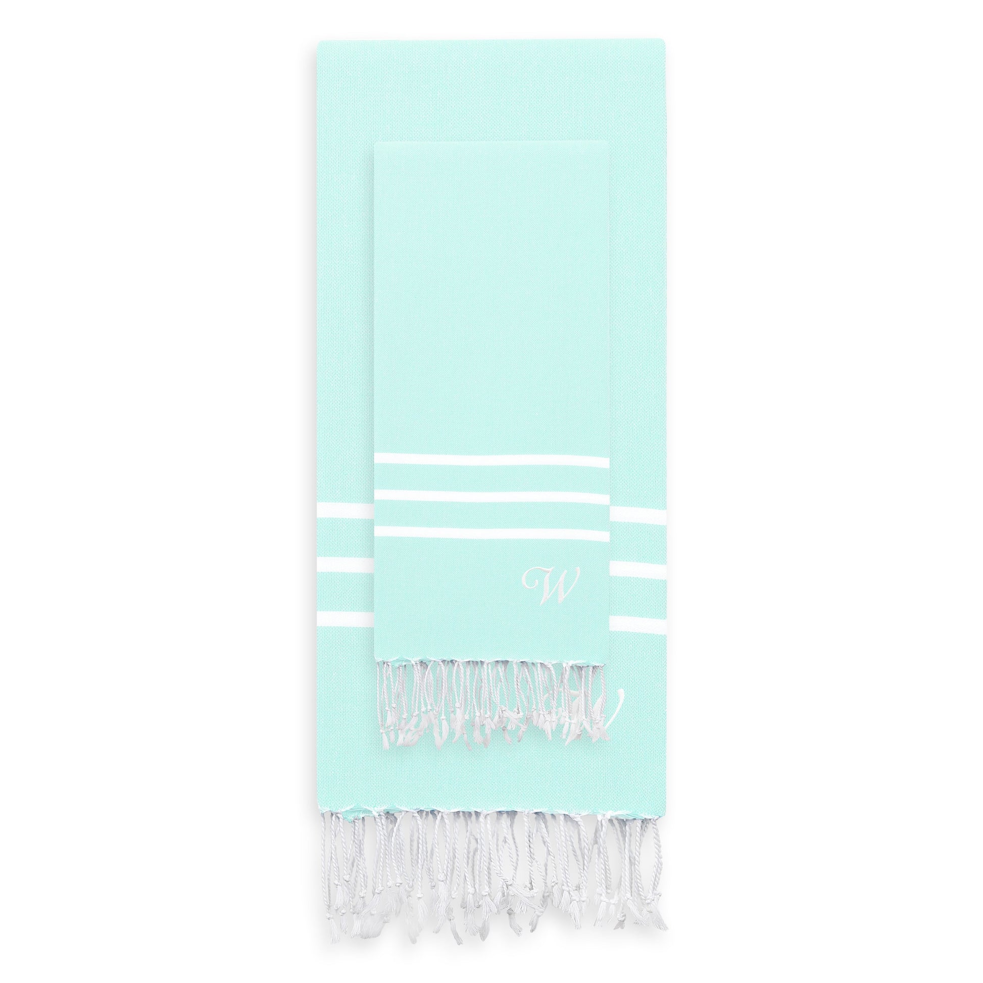 Linum Home Authentic Ella Soft Aqua Monogrammed Pestemal Fouta Turkish Cotton Beach and Head Towel Set (Set of 2) W