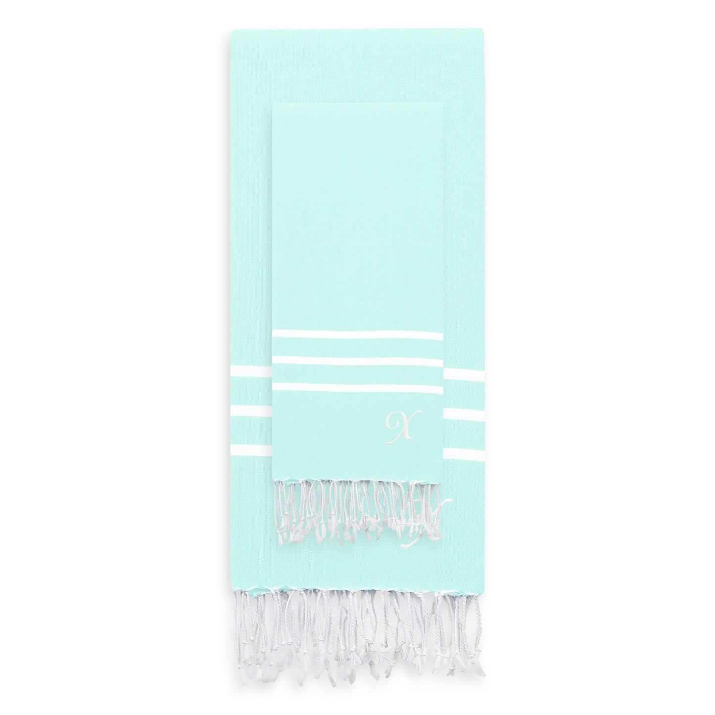 Linum Home Authentic Ella Soft Aqua Monogrammed Pestemal Fouta Turkish Cotton Beach and Head Towel Set (Set of 2) X