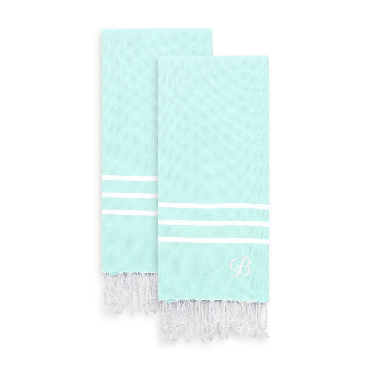 Linum Home Authentic Ella Soft Aqua Monogrammed Pestemal Fouta Turkish Cotton Hand/Kitchen Towel (Set of 2) Aqua