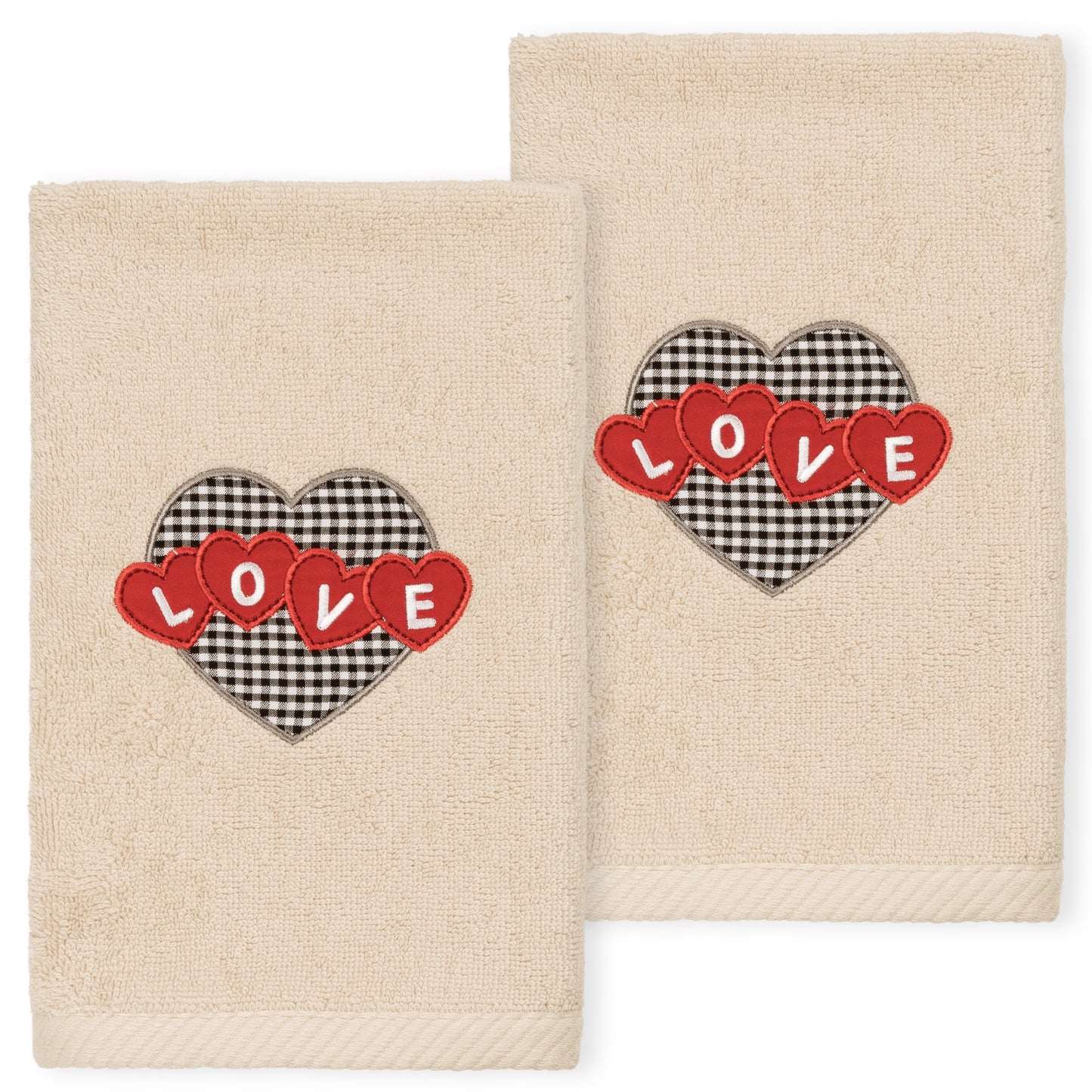 Linum Home Textiles 2 Pieces Embroidery Cotton Hand Towels, 16" x 30", Beige