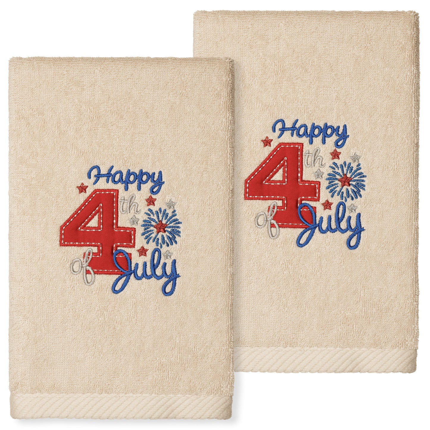 Linum Home Textiles 4th of July Embroidered Luxury 2 Piece Turkish Cotton Hand Towels, 16"x30", Sand Beige
