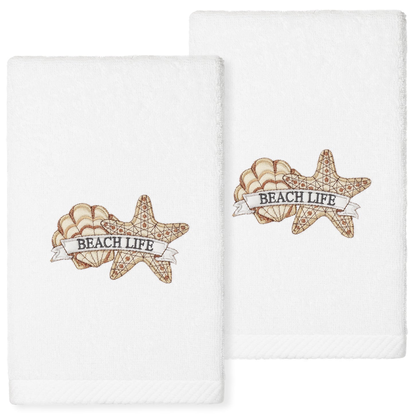 Linum Home Textiles Beach Life Embroidered Luxury 2 Piece Turkish Cotton Hand Towels, 16" x 30", White