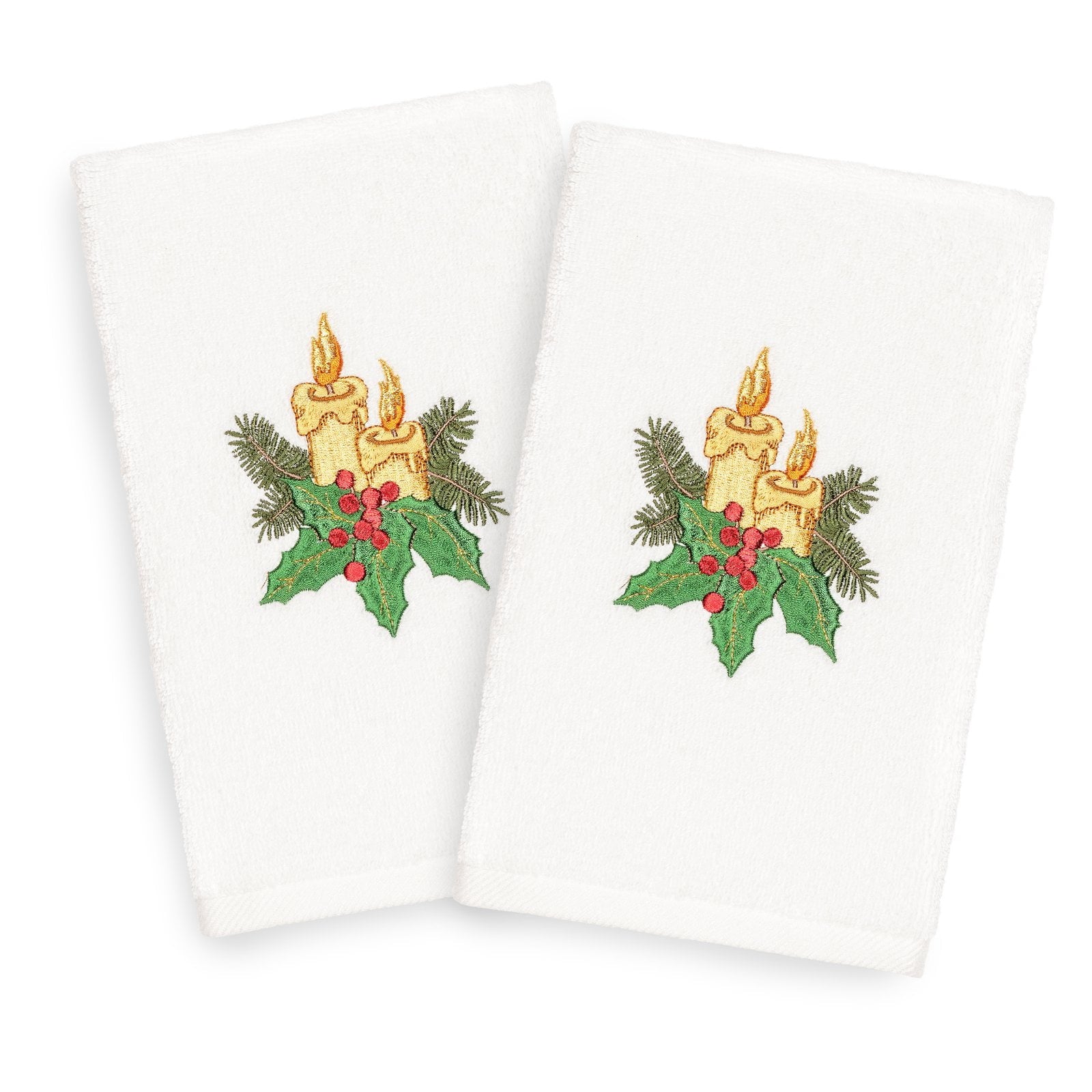 Linum Home Textiles Christmas Candles Embroidered Turkish Cotton Hand Towel - Set of 2