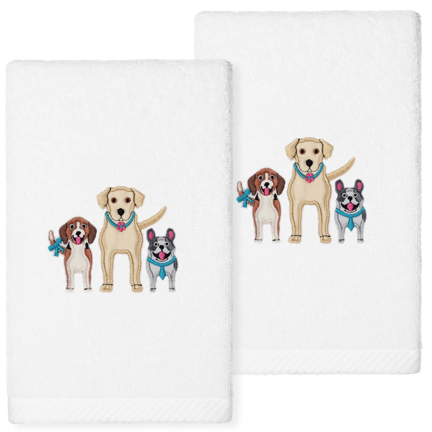 Linum Home Textiles Dogs Embroidered Luxury 2 Piece Turkish Cotton Hand Towels, 16" x 30", Sand Beige