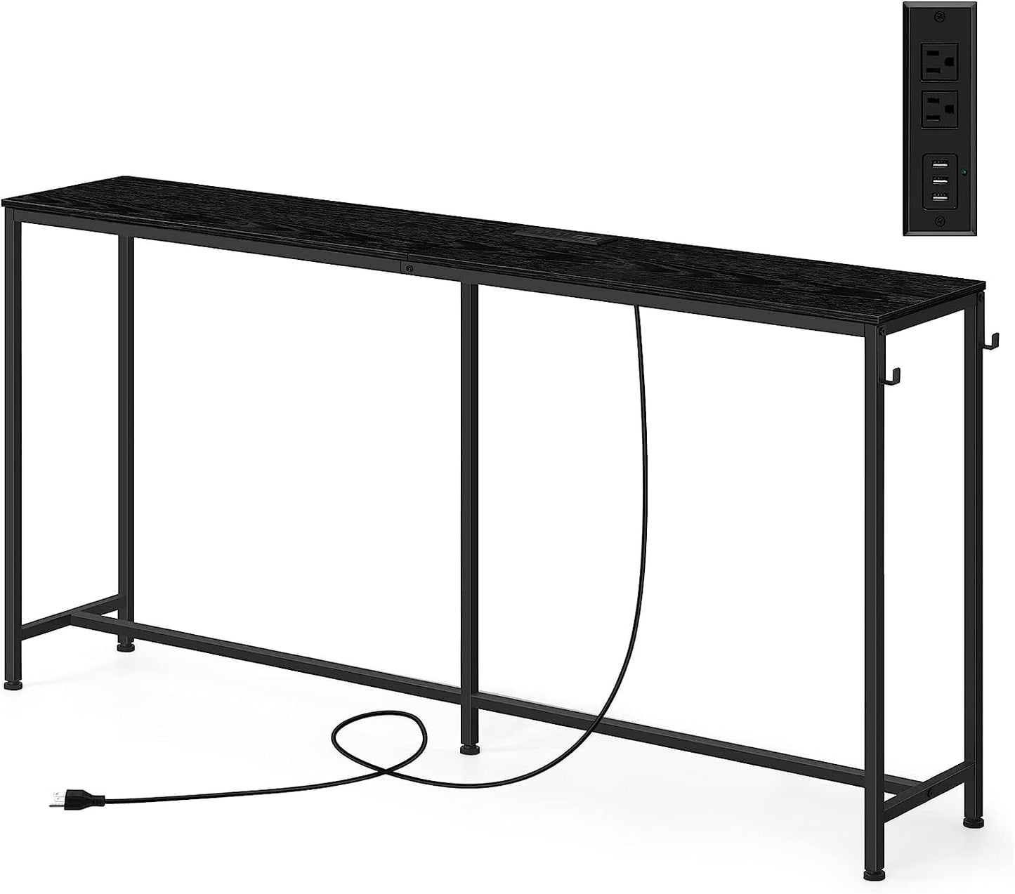Long Narrow Console Table with Charging Station, Black