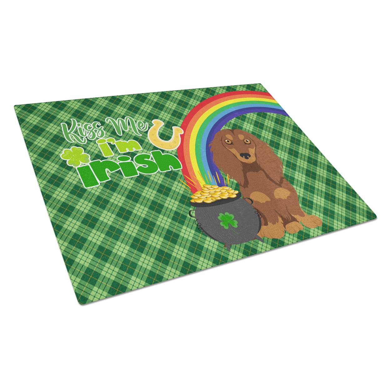 Longhair Chocolate and Tan Dachshund St. Patrick's Day Glass Cutting Board Large 12 in x 15 in