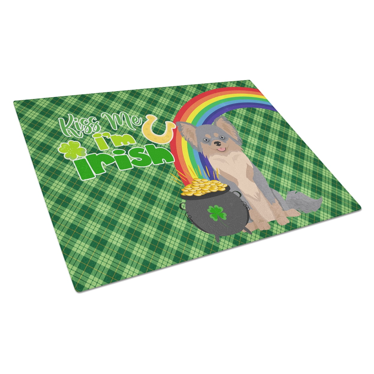 Longhaired Blue and Tan Chihuahua St. Patrick's Day Glass Cutting Board Large 12 in x 15 in