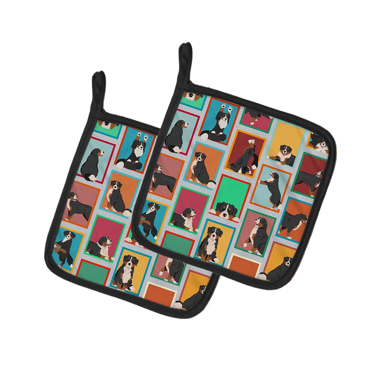 Lots of Bernese Mountain Dog Pair of Pot Holders 7.5 in x 7.5 in