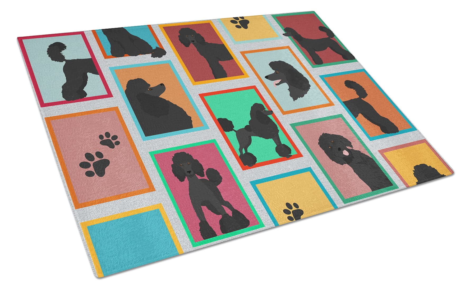 Lots of Black Standard Poodle Glass Cutting Board Large 12 in x 15 in