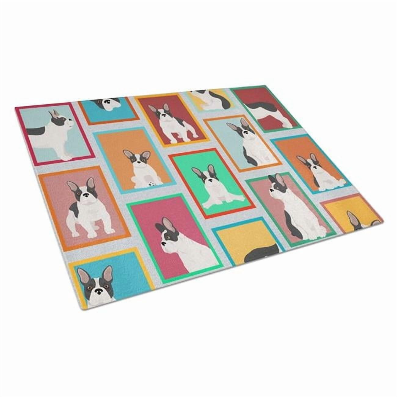 Lots of Black and White French Bulldog Glass Cutting Board Large 12 in x 15 in