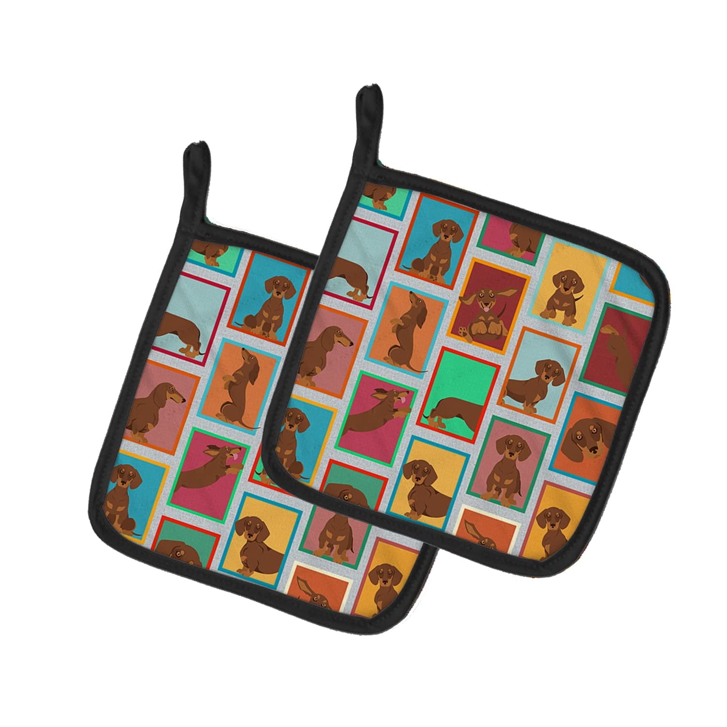 Lots of Chocolate and Tan Dachshund Pair of Pot Holders 7.5 in x 7.5 in