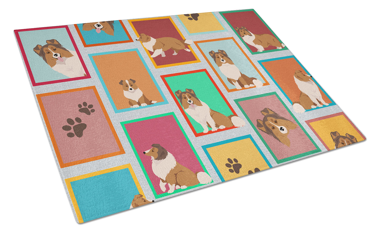 Lots of Sheltie Glass Cutting Board Large 12 in x 15 in