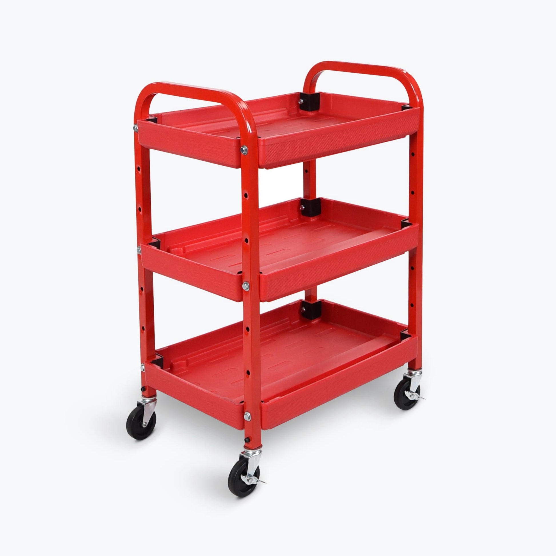 Luxor Three-Shelf Adjustable Plastic Utility Cart, 22" W x 15.5" D x 32" H, Red, Tub Shelves