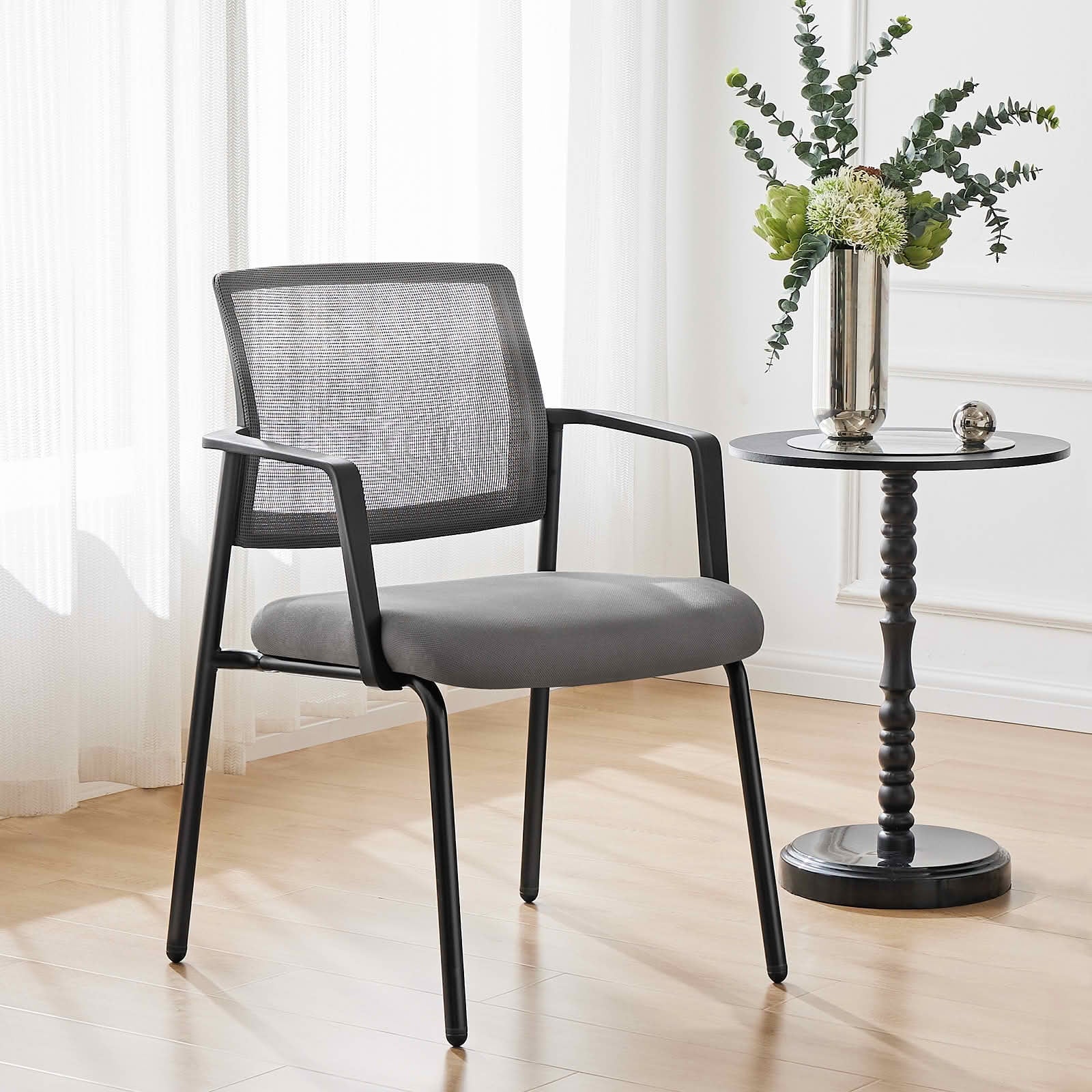 MAYEERTY 1 Pack Stackable Mesh Back Arm Chair, Upholstered Fabric Reception Guest Chair with Sturdy Metal Legs for Meeting Room Waiting Room, Gray