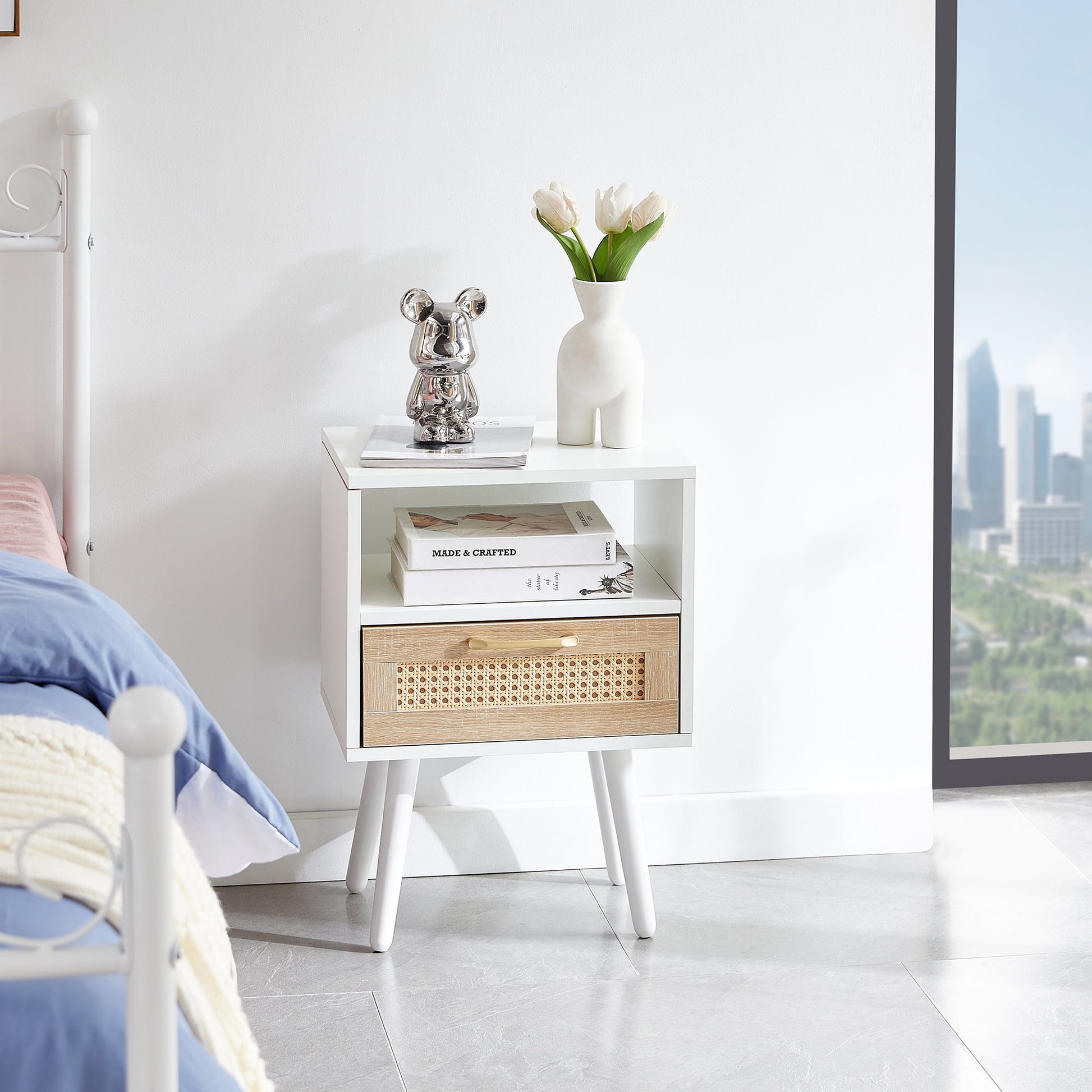 MAYEERTY 15.75" Rattan End Table with Drawer & Solid Wood Legs â€“ Modern Nightstand for Living Room & Bedroom, White