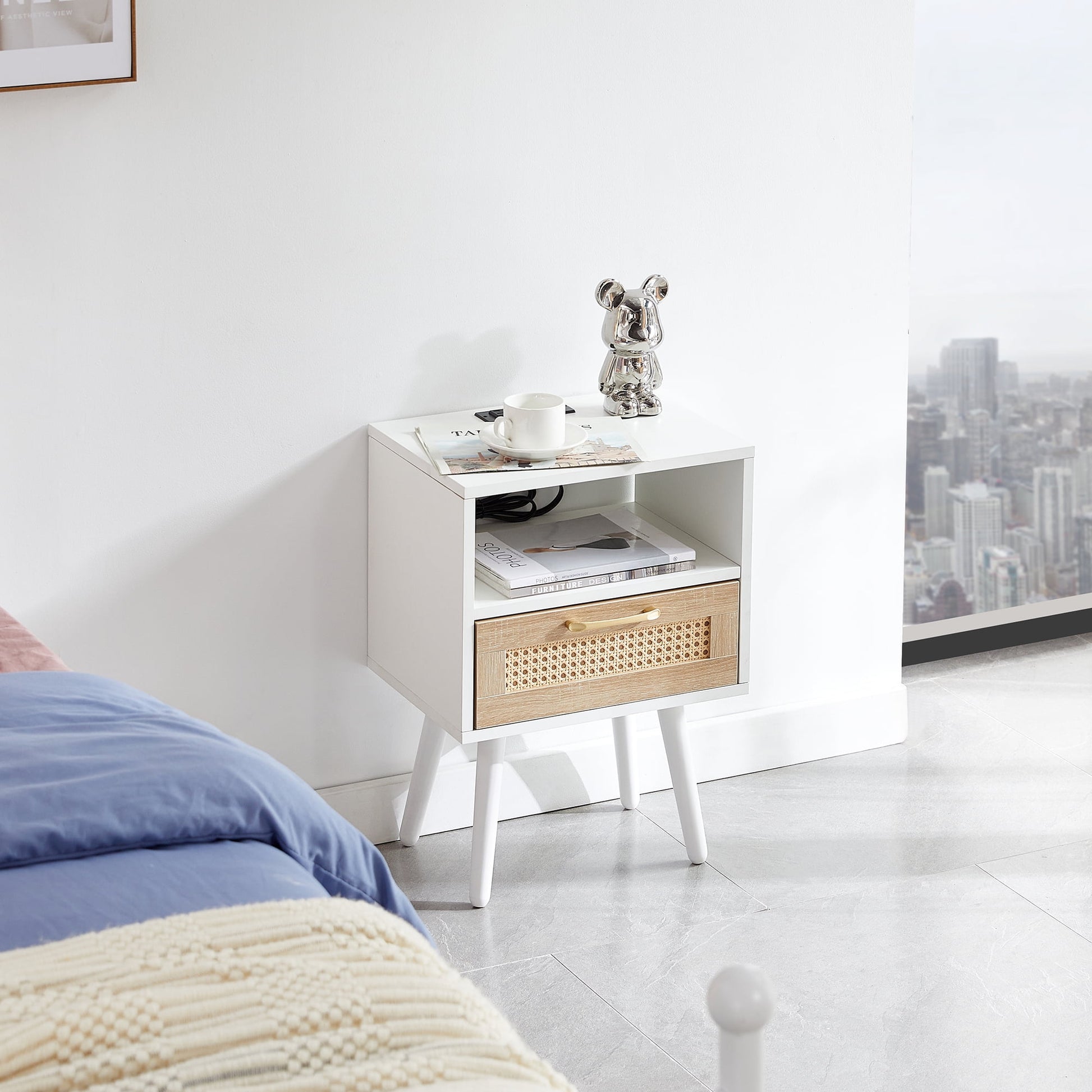 MAYEERTY 15.75" Rattan End Table with Power Outlet & USB Ports â€“ Modern Nightstand with Drawer & Solid Wood Legs, White