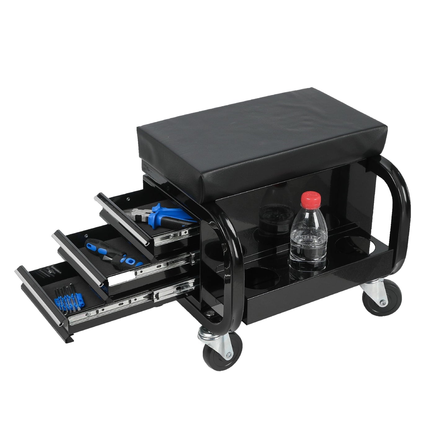 MAYEERTY 3 Drawers Rolling Tool Chest, Creeper Garage Seat, Black