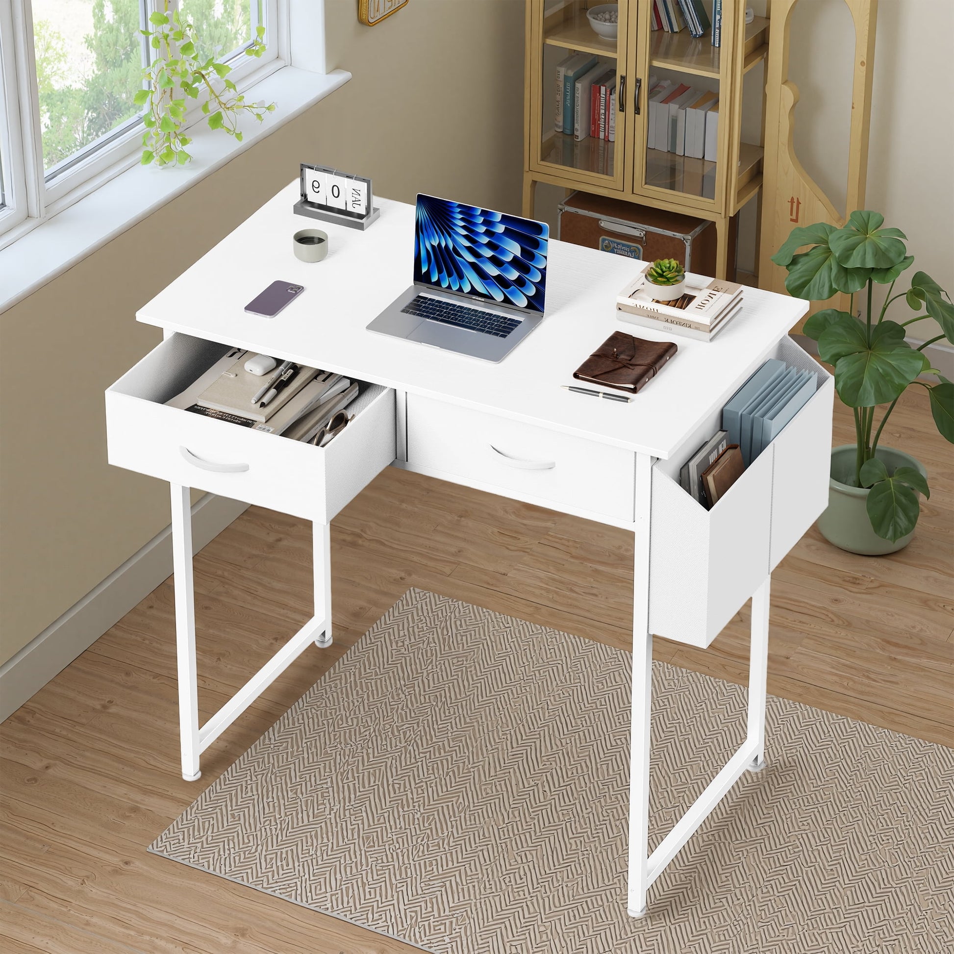 MAYEERTY 32in Adjustable Small Computer Desk, Metal Writing Study Table with Storage and Headphone Hook, Home Office