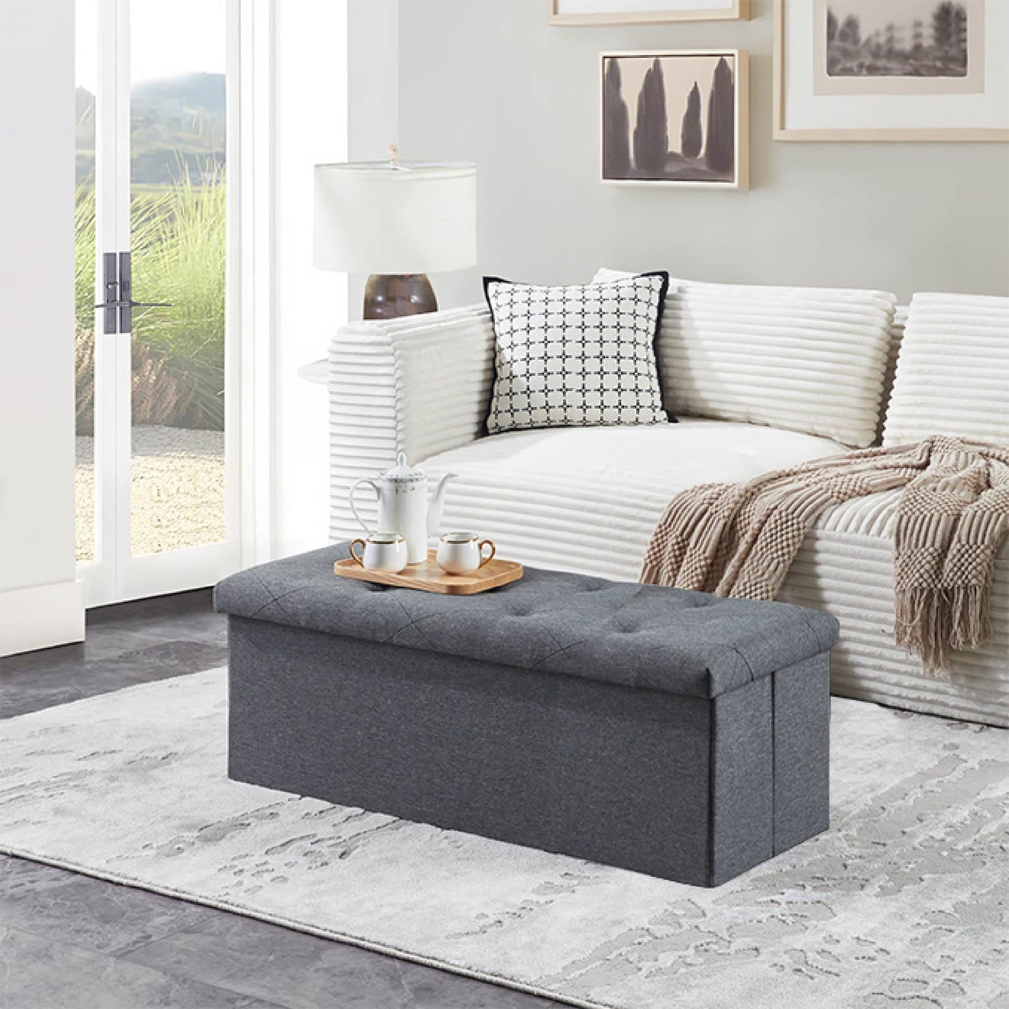 MAYEERTY 43" Folding Storage Ottoman Bench, Upholstered Chest with Lid, Gray
