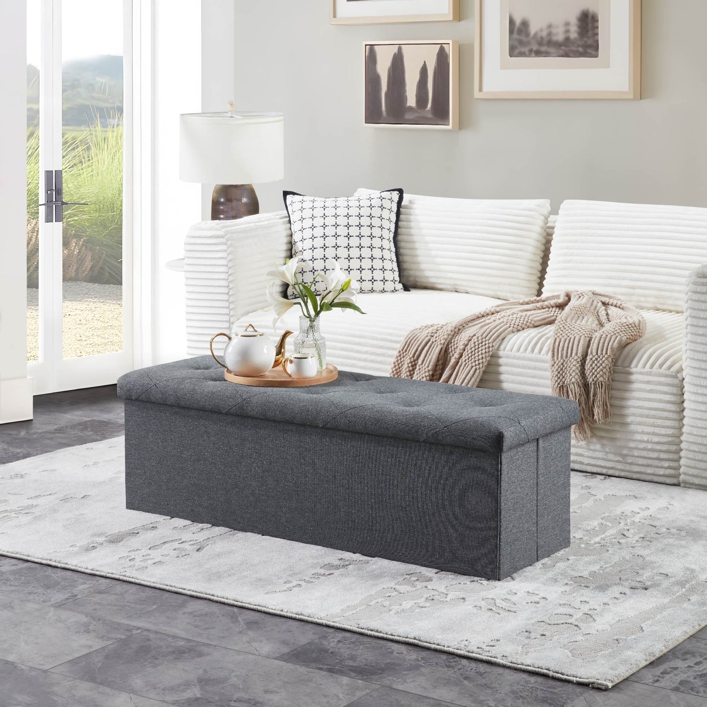 MAYEERTY 47" Folding Storage Ottoman Bench, Upholstered Chest with Lid, Gray