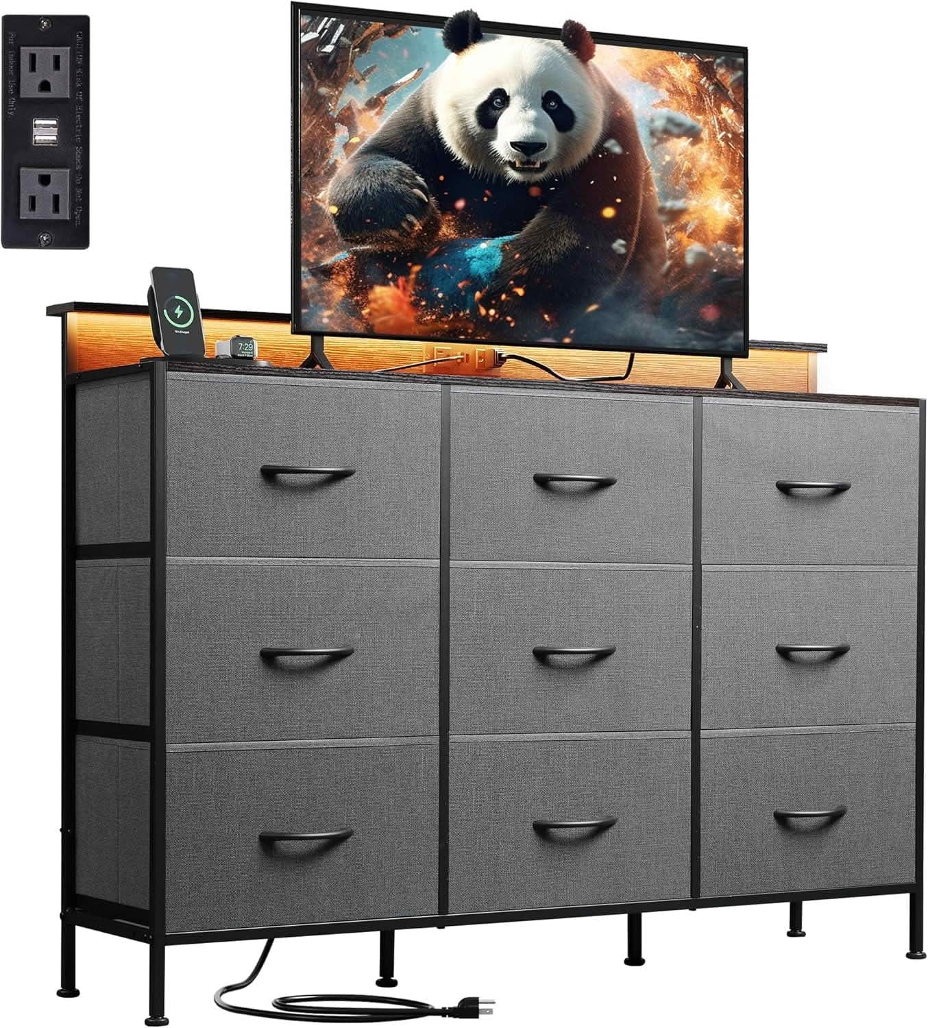 MAYEERTY 47-Inch TV Stand for 55-Inch TVs, RGB LED Charging Station 9 Fabric Drawers
