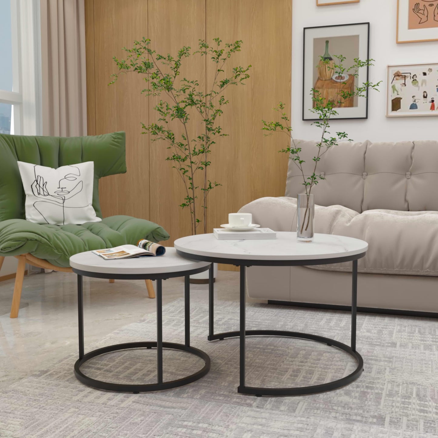 MAYEERTY 27.6" Nesting Coffee Table Set of 2, Round Wood Marble Top & Sturdy Metal Frame for Balcony Yard, White