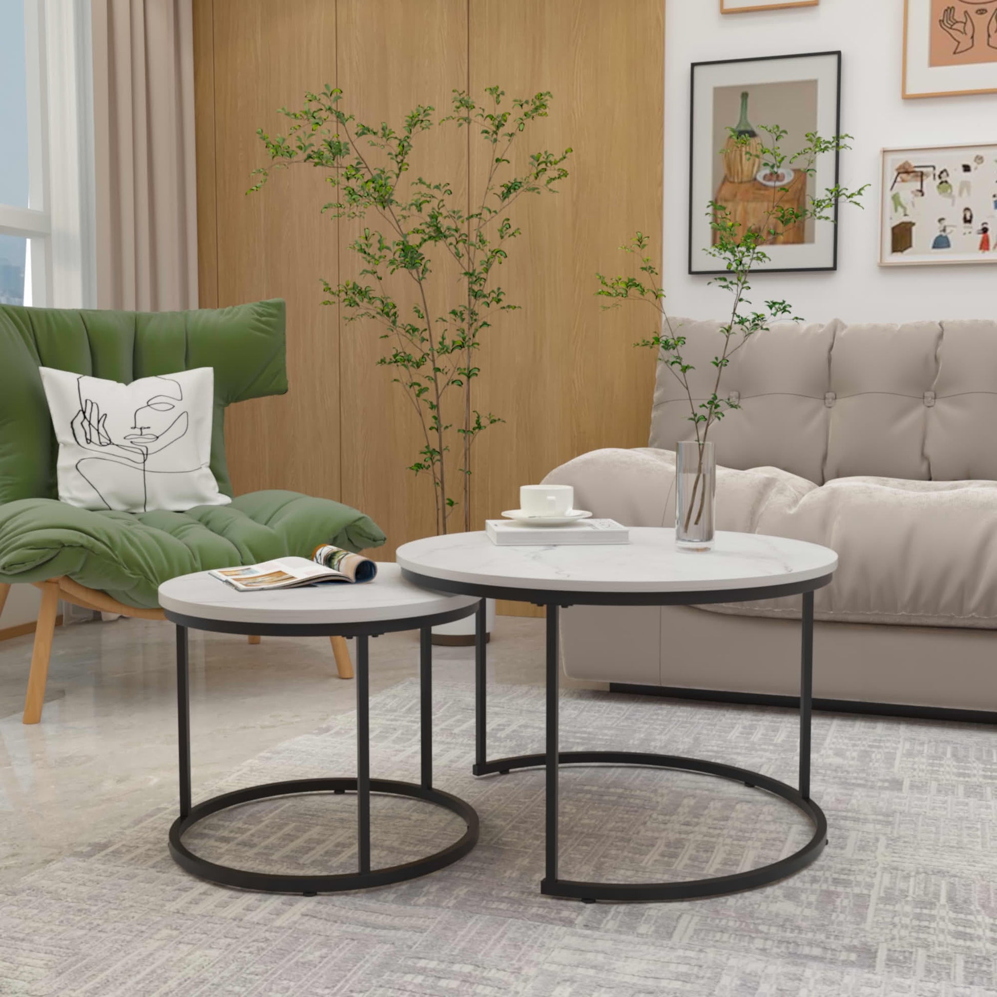 MAYEERTY 27.6" Nesting Coffee Table Set of 2, Round Wood Marble Top & Sturdy Metal Frame for Balcony Yard, White