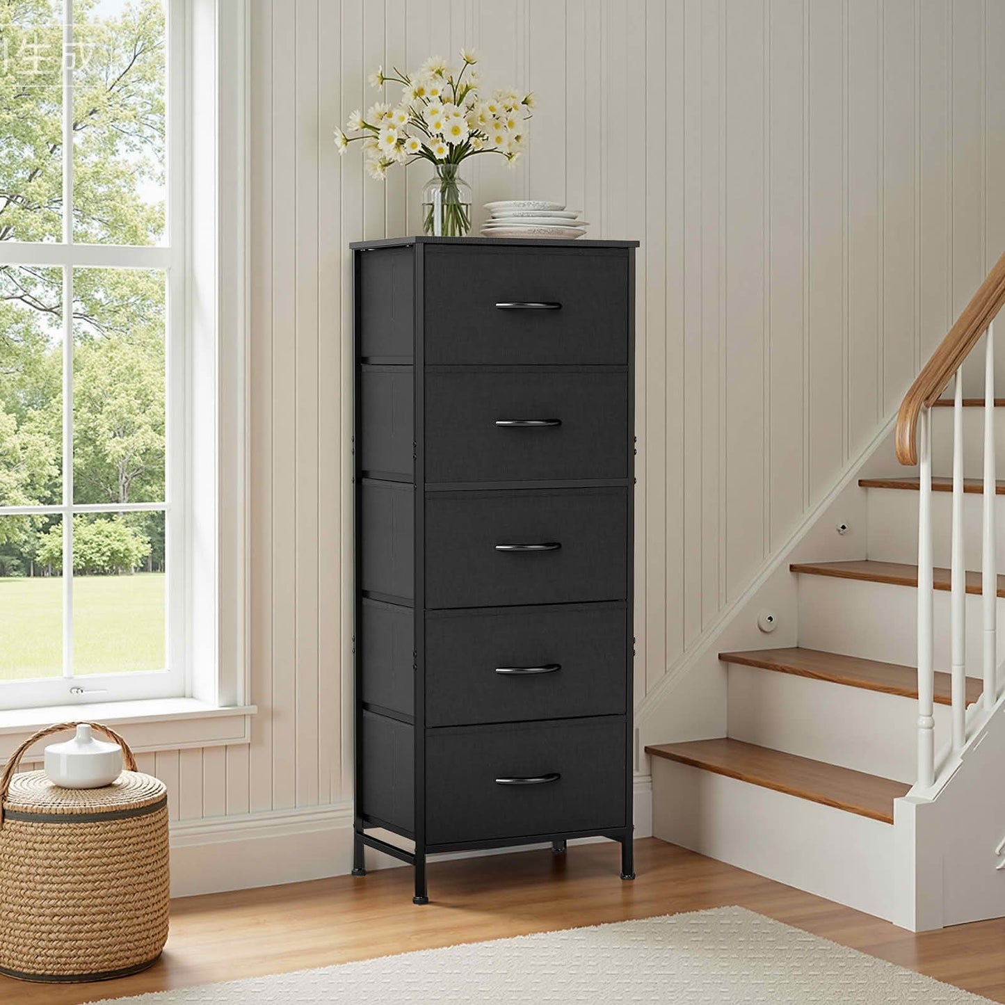 MAYEERTY 5 Drawer Fabric Dresser with Wooden Top, Steel Frame Storage Chest Organizer for Bedroom Nursery Entryway