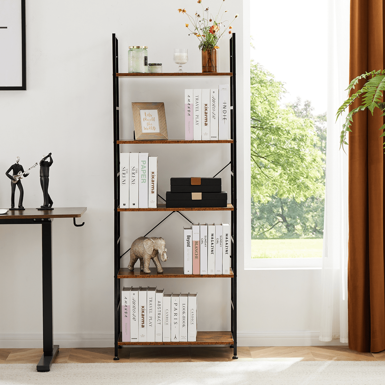 MAYEERTY 5 Tiers Bookshelf, Modern Open Bookshelf, Storage Rack Shelves in Living Room/Home/Office, Rust