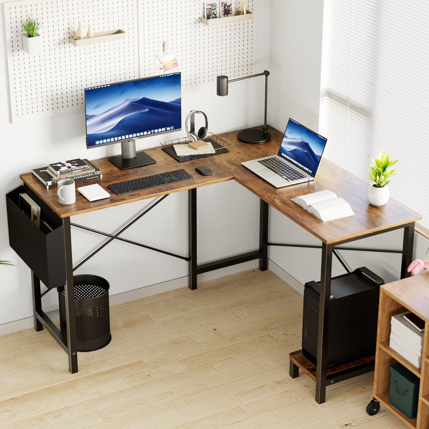 MAYEERTY 50in L Shaped Computer Desk, Wooden Writing Study Table for Home Office with CPU Storage Shelf & Side Bag