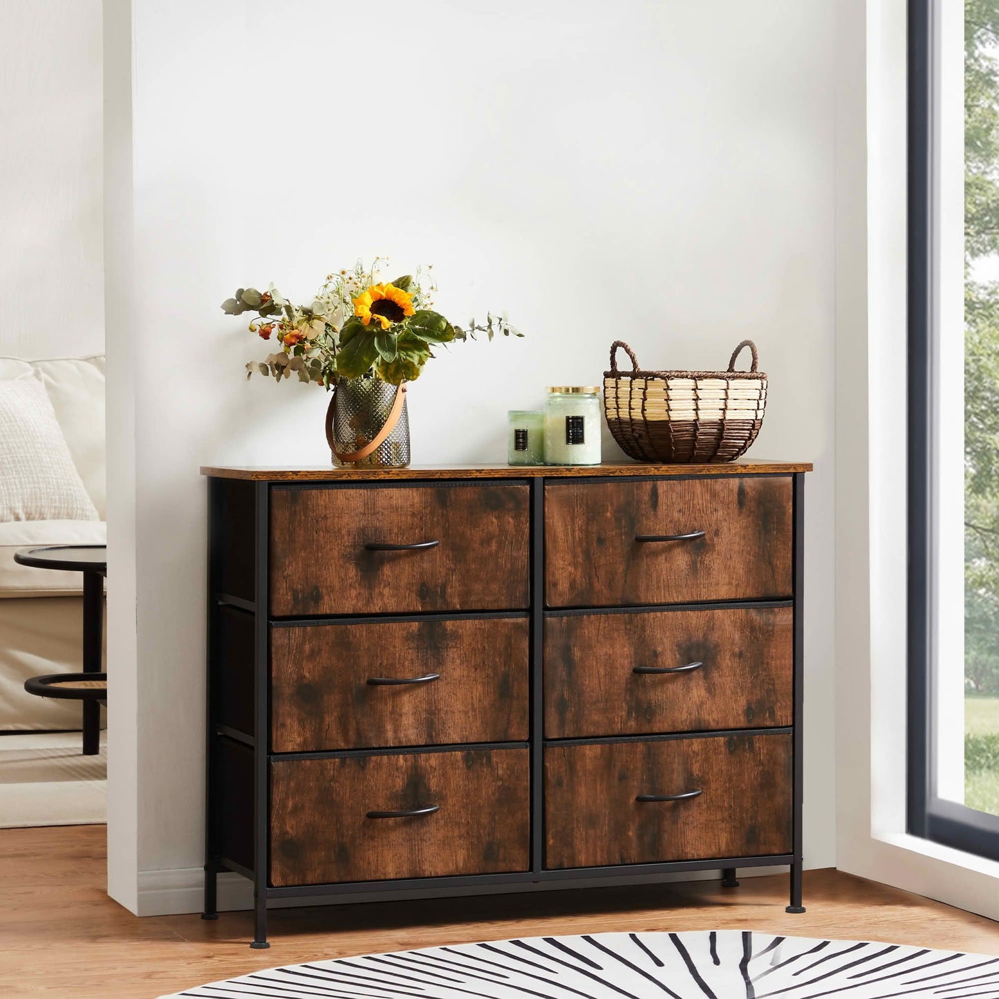 MAYEERTY 6-Drawer Tall Fabric Storage Tower Dresser with Wooden Top, Steel Frame Organizer Cabinet for Nursery Bedroom Closet Entryway