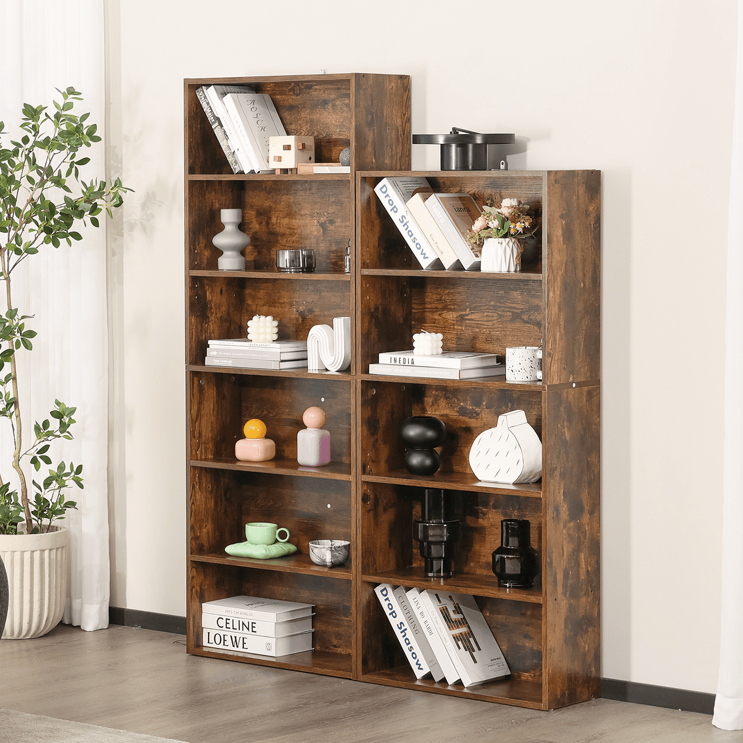 MAYEERTY 6 Shelf Bookcase, 63in Tall Floor Standing Open Bookshelf for Home Office, Living Room, and Bedroom Storage, Rust