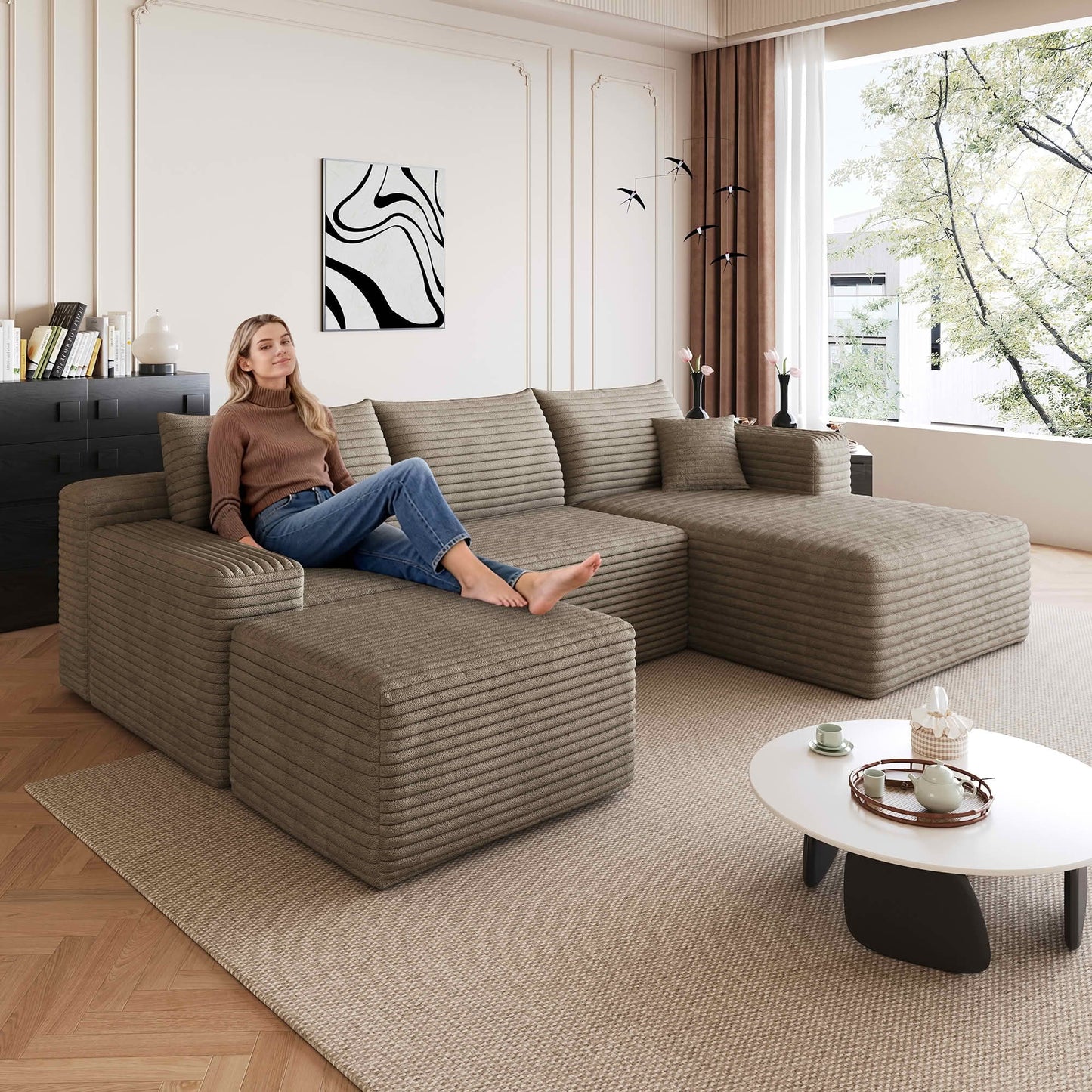 MAYEERTY 95" Cloud Sectional Sofa with Ottoman, U-Shaped Corduroy Deep Seat Couch, No Assembly for Living Room, Brown