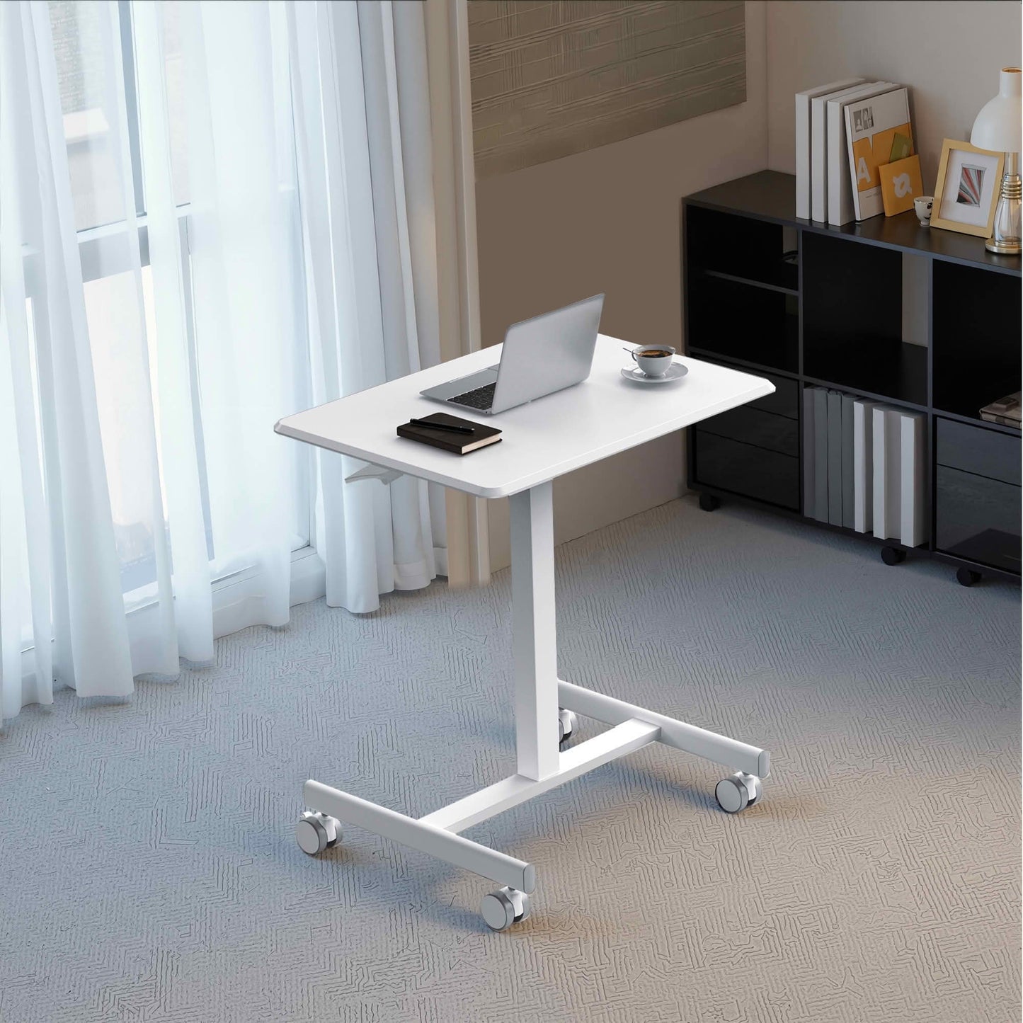 MAYEERTY Adjustable Rolling Laptop Desk Cart, Overbed Computer Table, Home Office Classroom, White