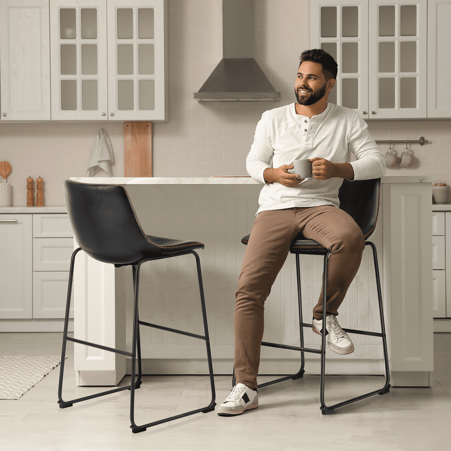MAYEERTY Armless Barstools Faux Leather Dining Chairs with Metal Legs and Footrest, for Home Office Kitchen Island