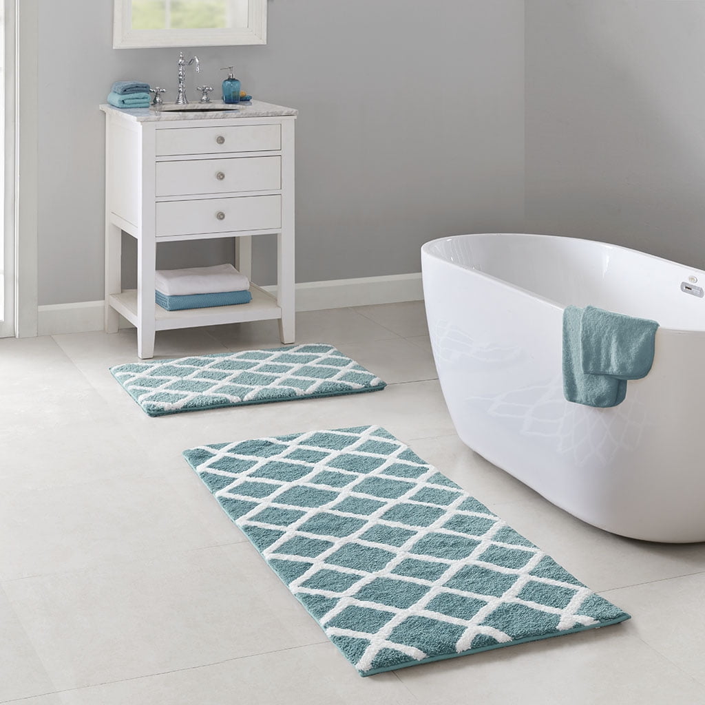 MAYEERTY Bathroom Rug, Reversible High Pile Tufted Microfiber Bath Mat, Aqua, 21"W x 34"L