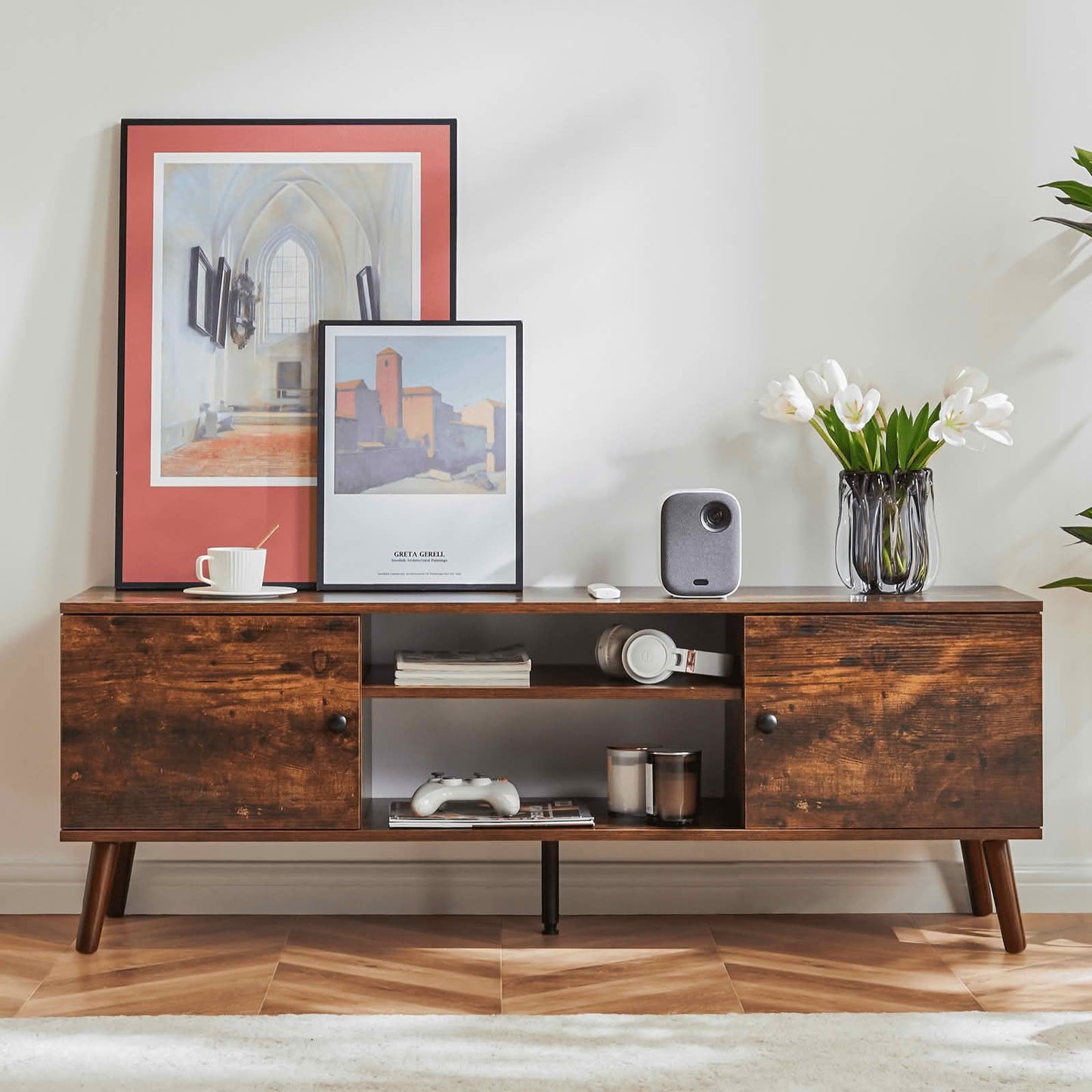 MAYEERTY Brown Panel-Style TV Stand - Storage & Display, for Living Room & Office
