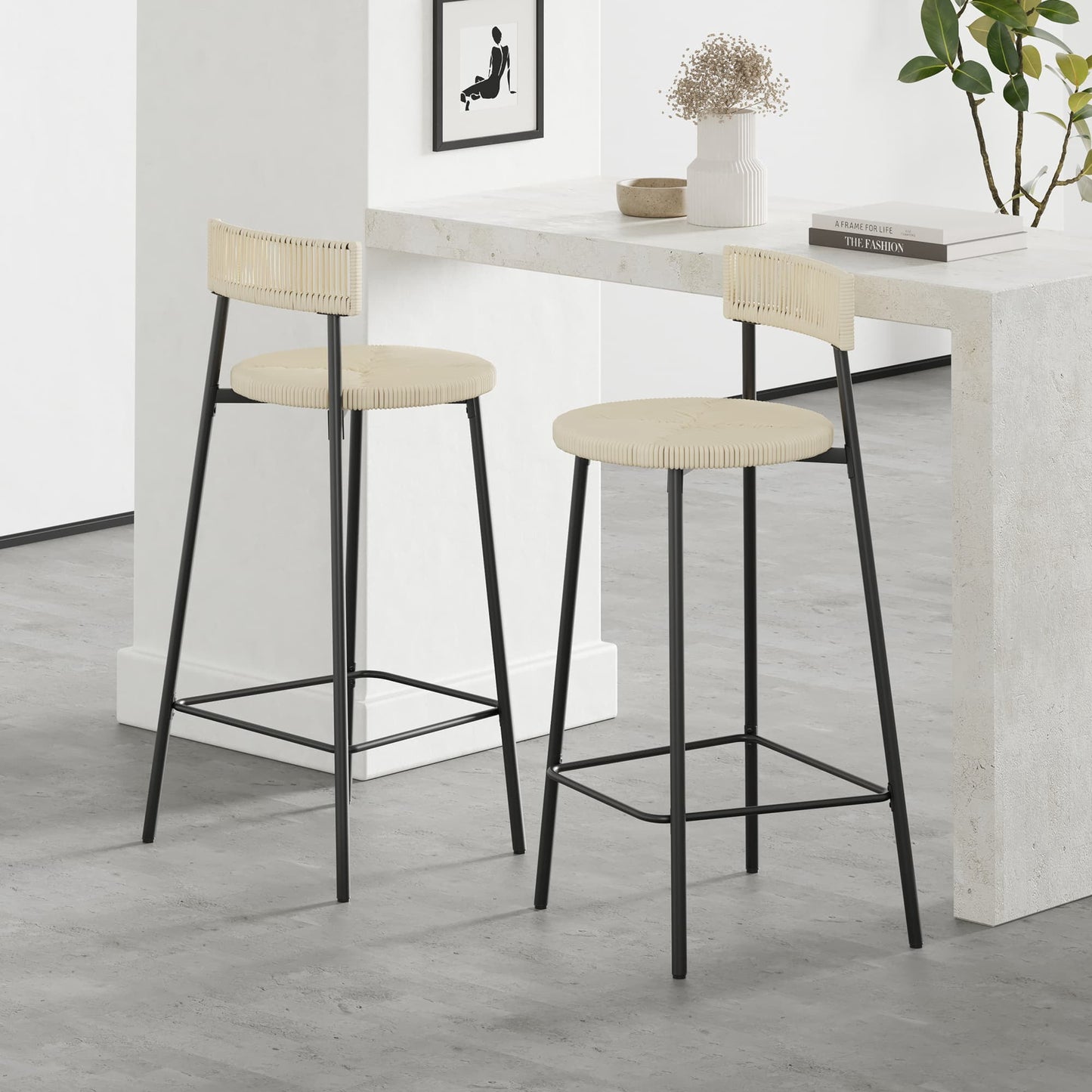 MAYEERTY Counter Stools Set of 2 - Handwoven Paper Rope, Boho Round Dining Chairs for Kitchen (Black & Creamy White)