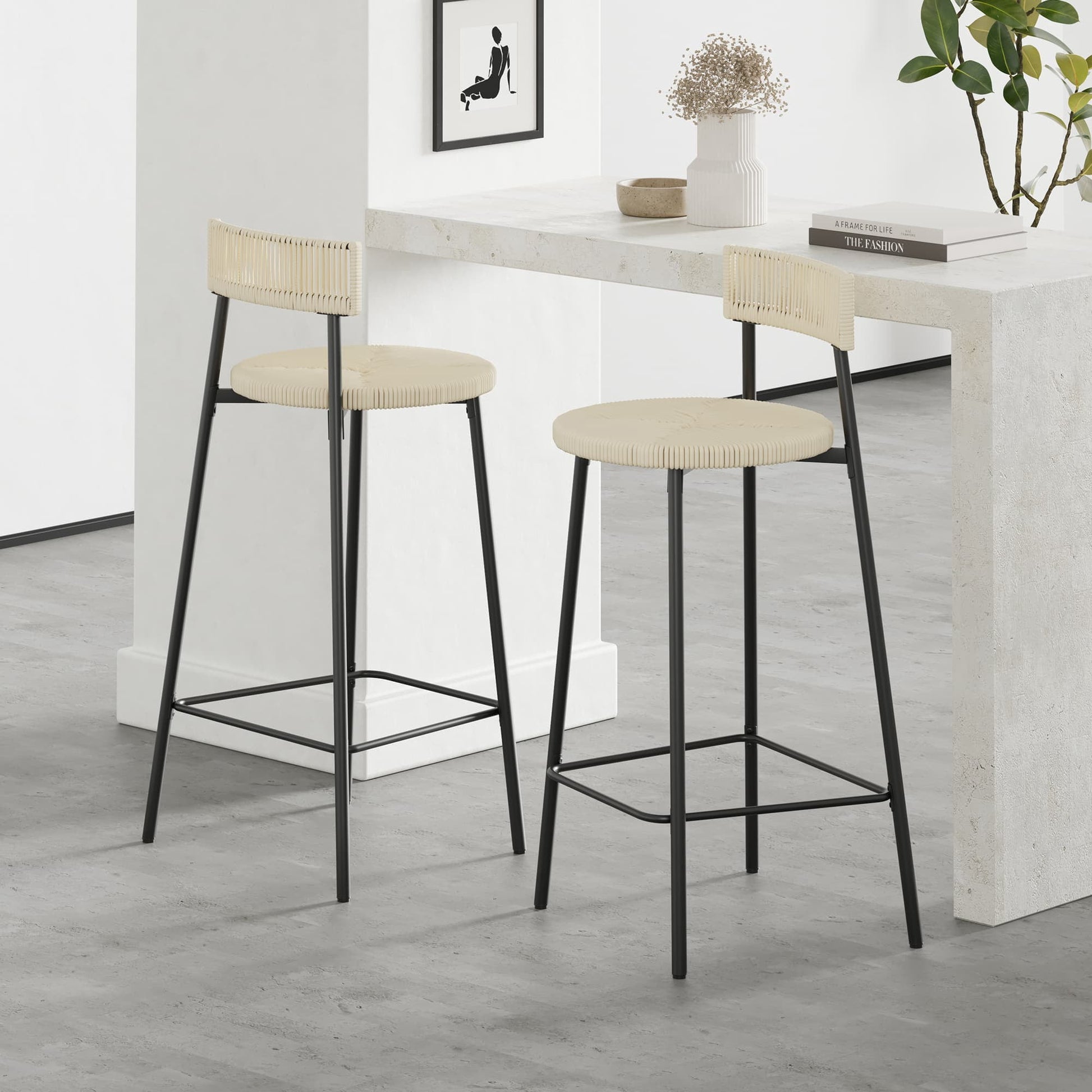 MAYEERTY Counter Stools Set of 2 - Handwoven Paper Rope, Boho Round Dining Chairs for Kitchen (Black & Creamy White)