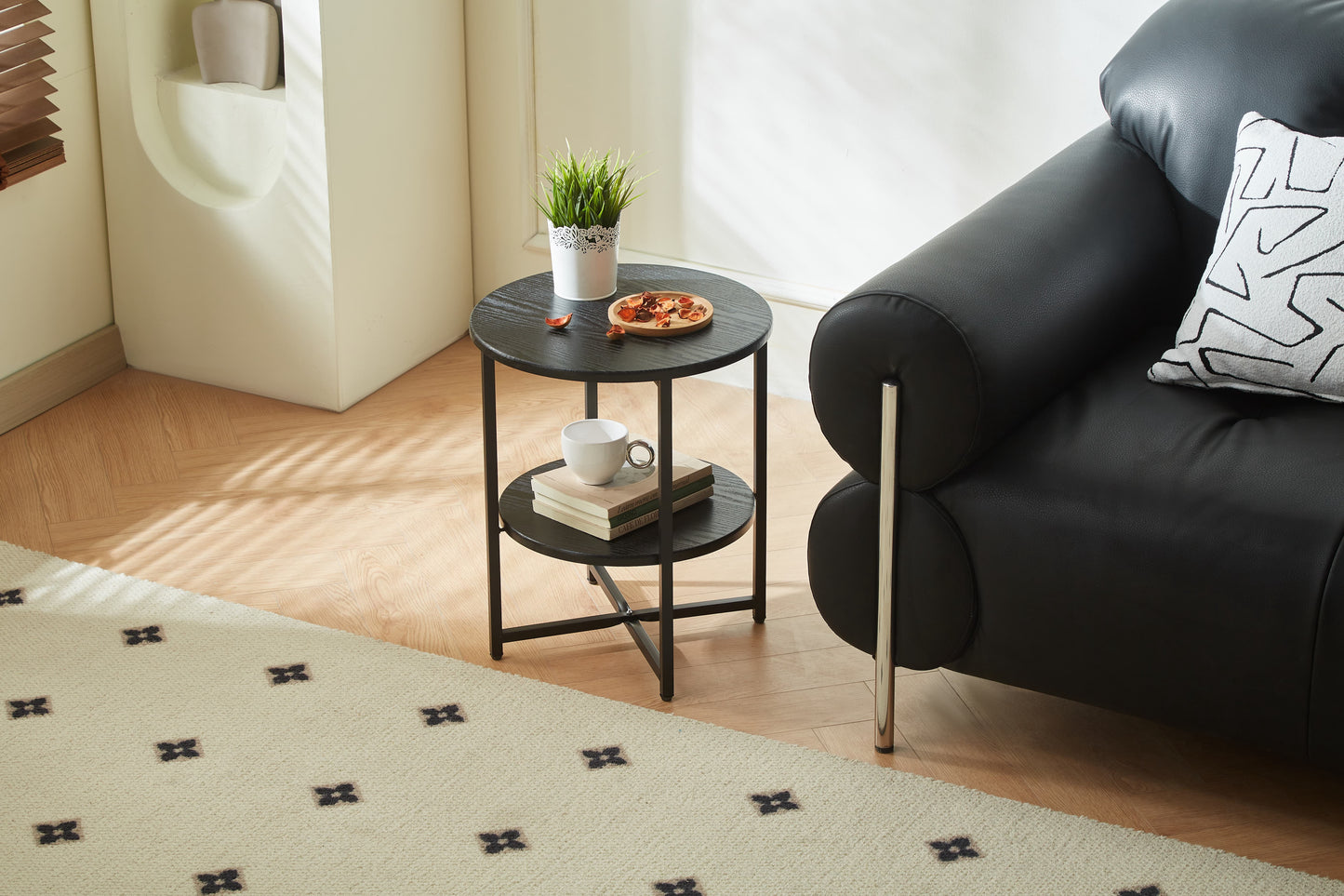 MAYEERTY Small round side table,2 tiers farmhouse end table,accent tables for small spaces,night stands for bedrooms living room,coffee tables with storage shelf,Black