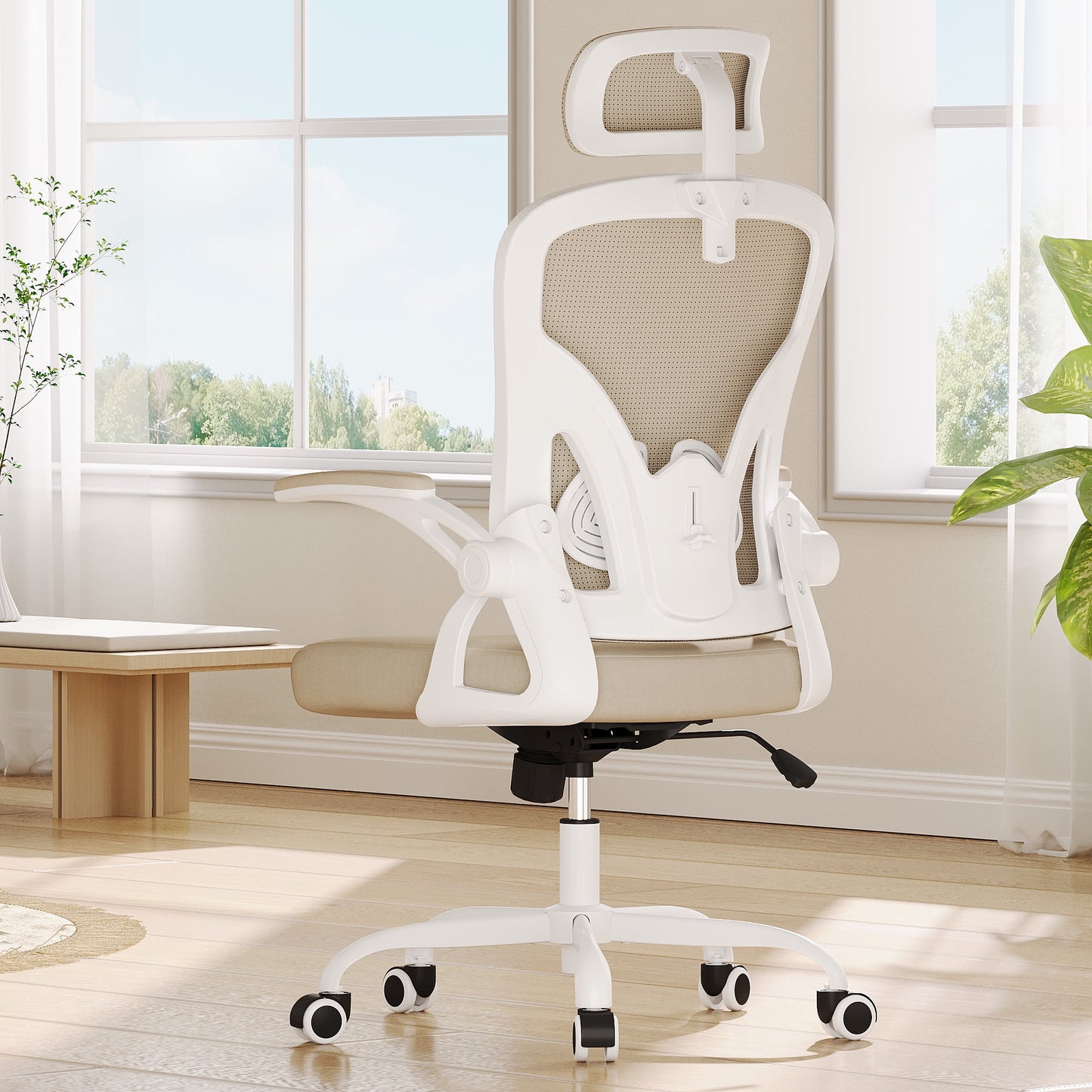 MAYEERTY Ergonomic Home Office Chair with Headrest, Flip-Up Armrests, Adjustable Lumbar Support, White-Khaki