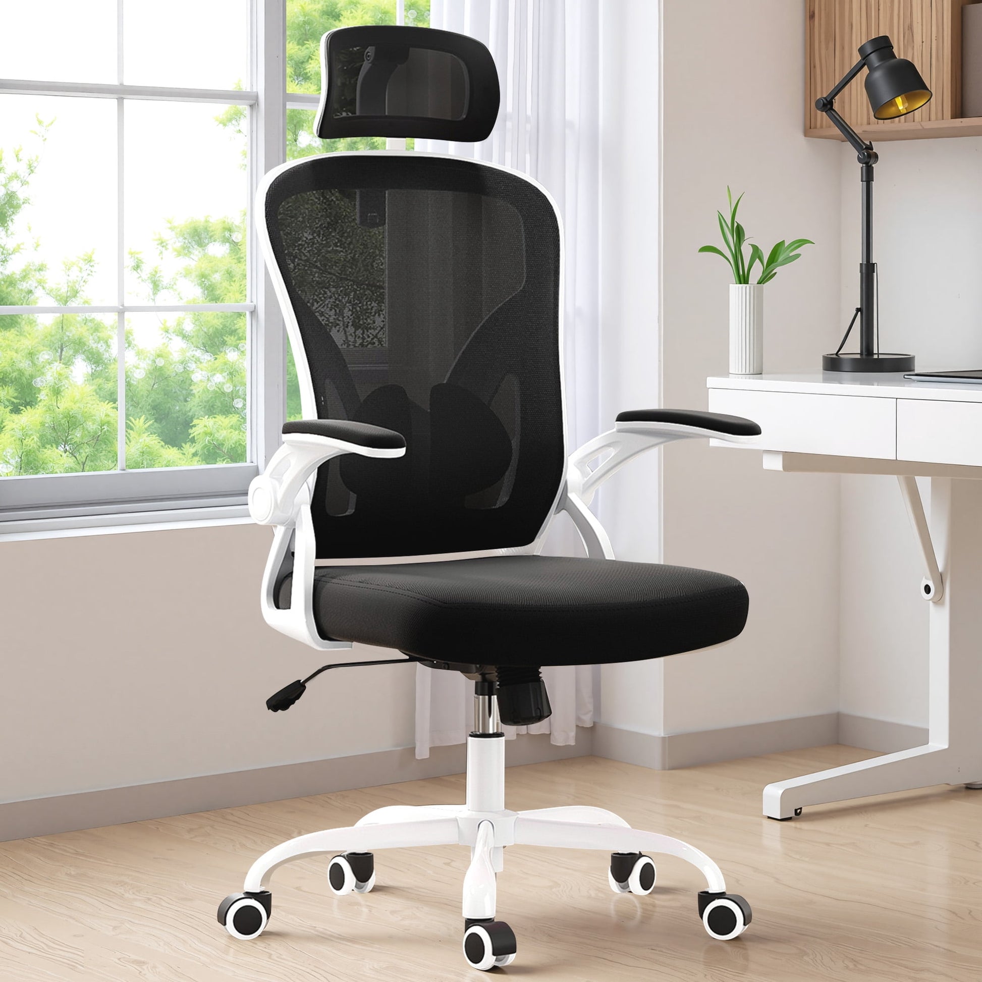 MAYEERTY Ergonomic Home Office Chair with Headrest, Flip-Up Armrests, Adjustable Lumbar Support, White-Black