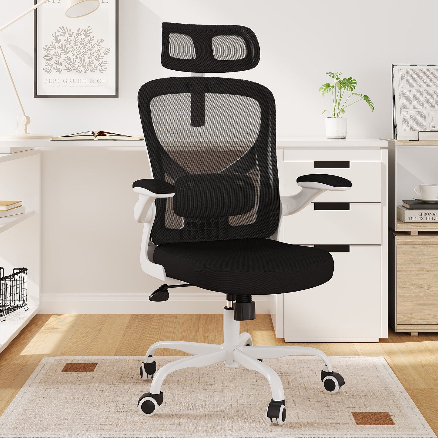 MAYEERTY Ergonomic Home Office Chair with Lumbar Support, Flip-Up Armrests, Headrest for Work & Study,White-black