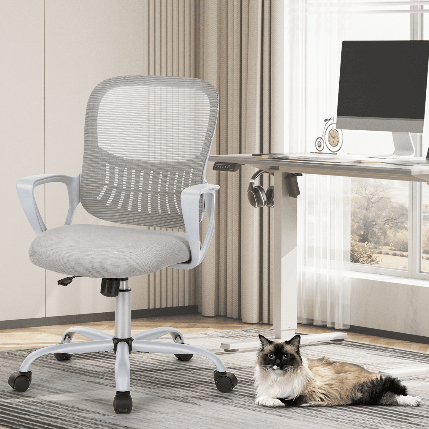 MAYEERTY Ergonomic Office Chair for Standing Desk with Adjustable Height, Computer Desk Chairs, Fixed Handrail , Gray