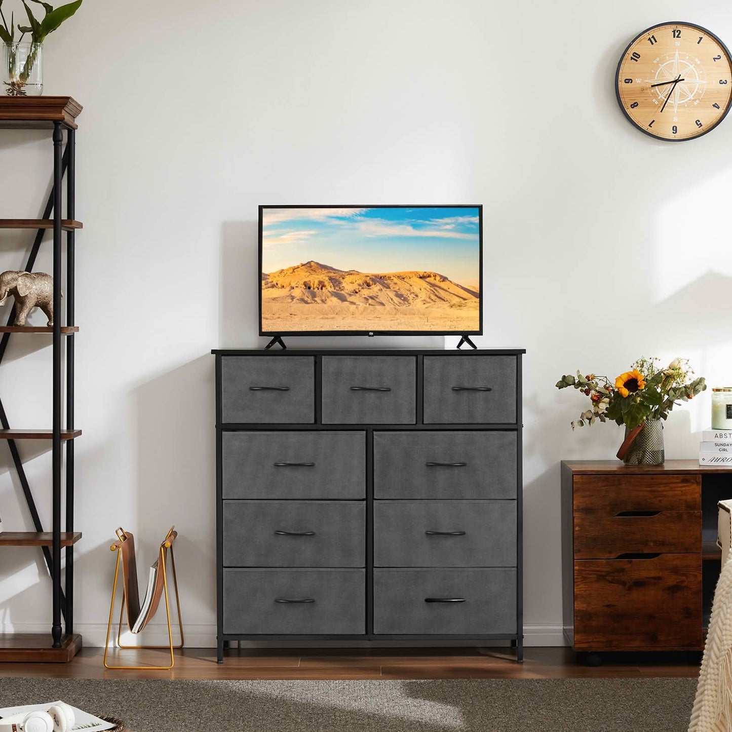 MAYEERTY 9-Drawer Tall Fabric Storage Tower Dresser with Wooden Top, Steel Frame Organizer Cabinet for Nursery Bedroom Closet Entryway