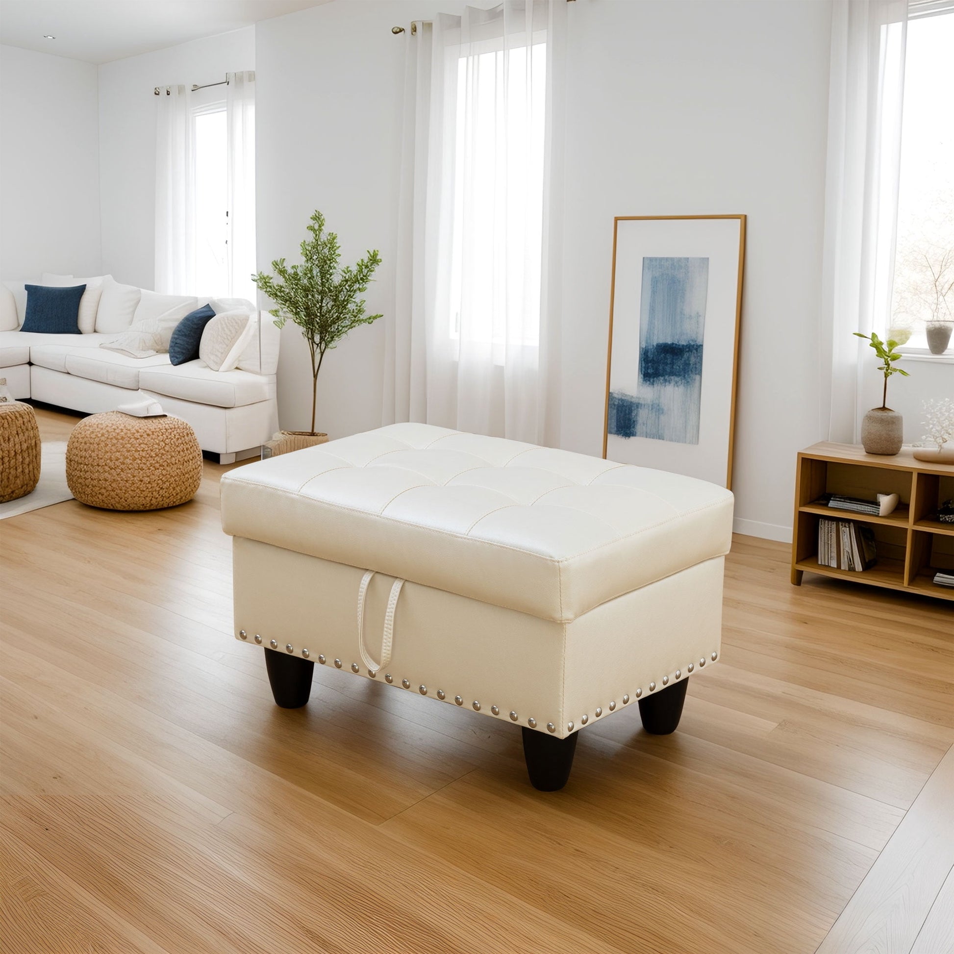 MAYEERTY Faux Leather Ottoman with Storage for Modular Sectional Sofa, White
