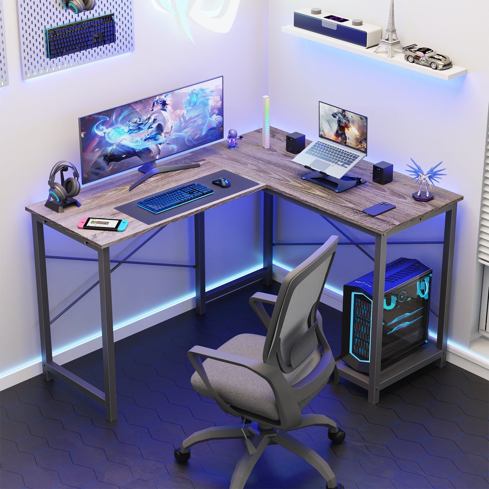 MAYEERTY L Shaped Computer Desk Study Writing Desk with CPU Stand Side Bag, Rustic