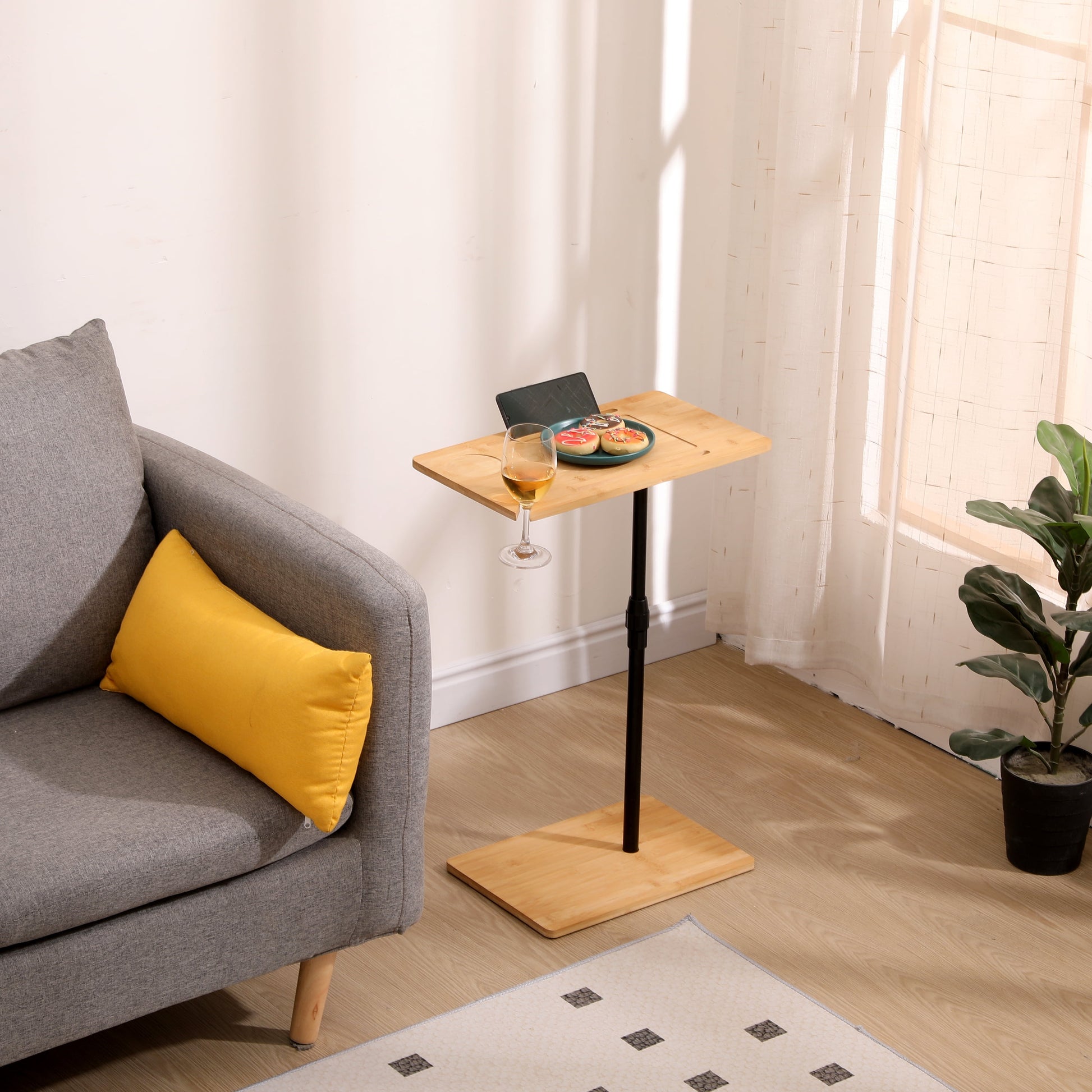 MAYEERTY Modern Bamboo Couch Tray Table Height Adjustable C-Shaped End Table with Slots 2 Tier