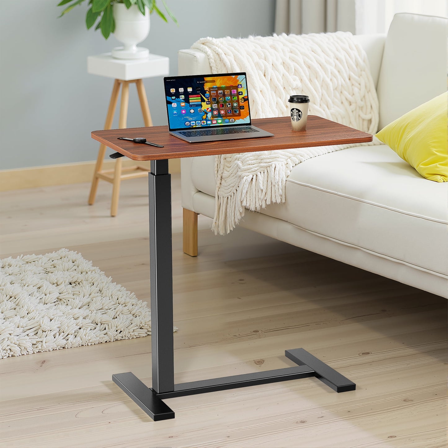 MAYEERTY Overbed Table with Wheels Adjustable Computer Desk Wood End Table