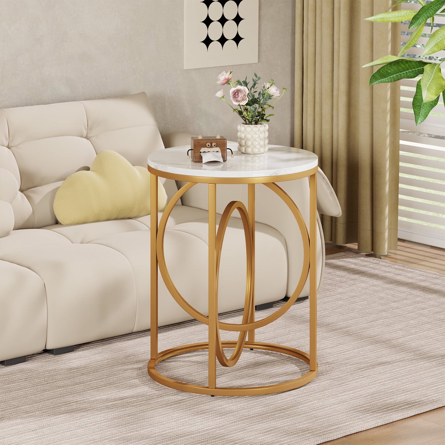 MAYEERTY Modern Round Side Table, 19.7" End Table with Marble Effect Top & Metal Frame, Waterproof & Scratch Resistant for Home Decor